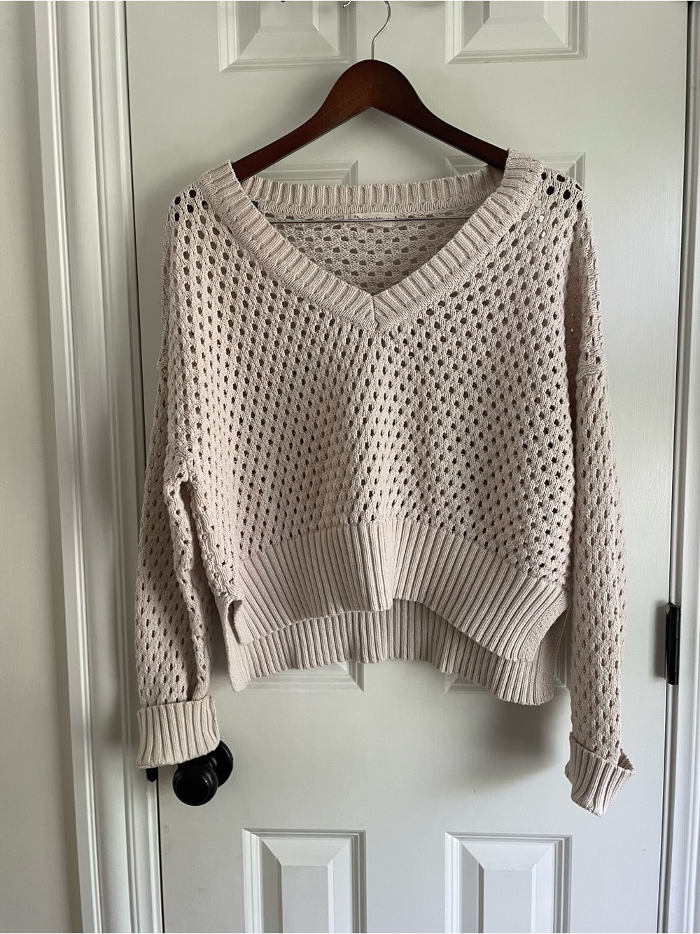 By Together Open-Knit V-Neck Sweater in Cream